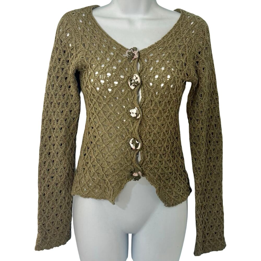 UNIF Olive Green Crochet Open Knit Rose Flower Snap Front Cardigan Sweater sz S